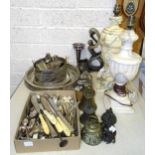 A collection of plated ware,includes trays, cutlery, four small brass bells, an alabaster table