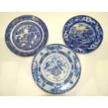 A 'Gamekeeper' pattern blue and white transfer-printed plate, 22cm diameter, (crazed and stained), a