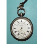 A silver-cased open-face pocket watch, the white enamel dial with Roman numerals, seconds subsidiary
