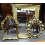 A rectangular gilt-frame mirror, 72 x 97cm and two smaller gilt-framed and shaped mirrors, (3).