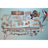 A quantity of costume jewellery including diamante buttons and clips, a parrot brooch and a WWII