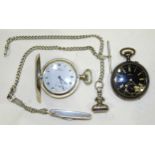 A silver Albert chain, 28cm, with silver fob, total weight 27g, a plated pocket watch by Jaquet-Droz