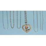 A 9ct gold heart-shaped pendant and six fine-link 9ct gold neck chains, 7g.