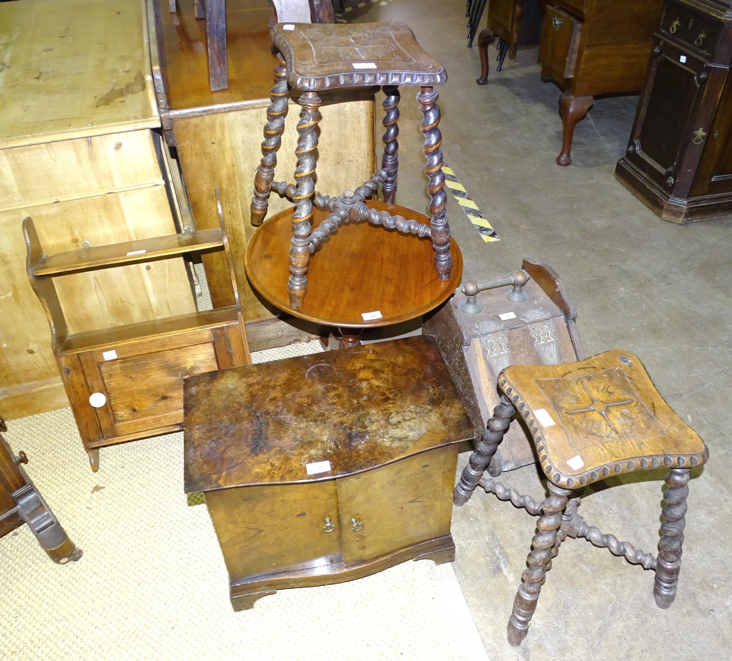 A pine hanging cupboard, a mahogany wine table and other items, including two oak twist-leg stools.