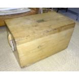 A large pine dockyard box with rope handles and brass plaque inscribed "J H Ireland, Carpenter's