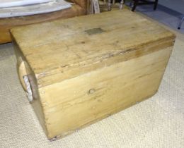 A large pine dockyard box with rope handles and brass plaque inscribed "J H Ireland, Carpenter's