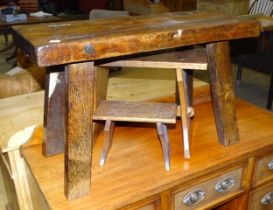 Two small oak trestle stools and a larger trestle stool, 28cm, 47cm and 77cm wide, (3).