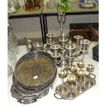 A 19th century silver-plated triple decanter stand, a long-stemmed liqueur set, a pair of short