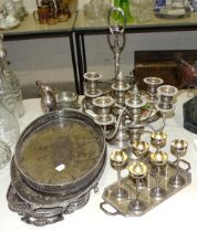 A 19th century silver-plated triple decanter stand, a long-stemmed liqueur set, a pair of short