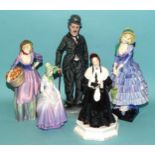 A collection of five Royal Doulton figurines: 'The Orange Girl' HN1325, 'Charlie Chaplin' HN2771,