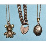 A child's 9ct rose gold bracelet and two 9ct gold pendants on chains, total weight 5g.