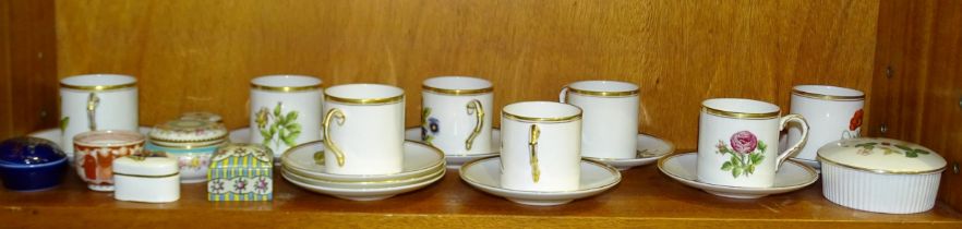 Eight Royal Worcester floral coffee cans and saucers and other modern ceramics.