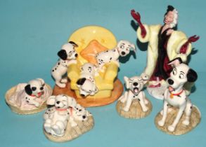 Twelve Royal Doulton 101 Dalmatians figures: 'Cruella De Vil' DM1, 'Penny' DM2, 'Penny and Freckles'