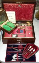 A Victorian rosewood sewing and work box containing haberdashery, two cased mother-of-pearl-
