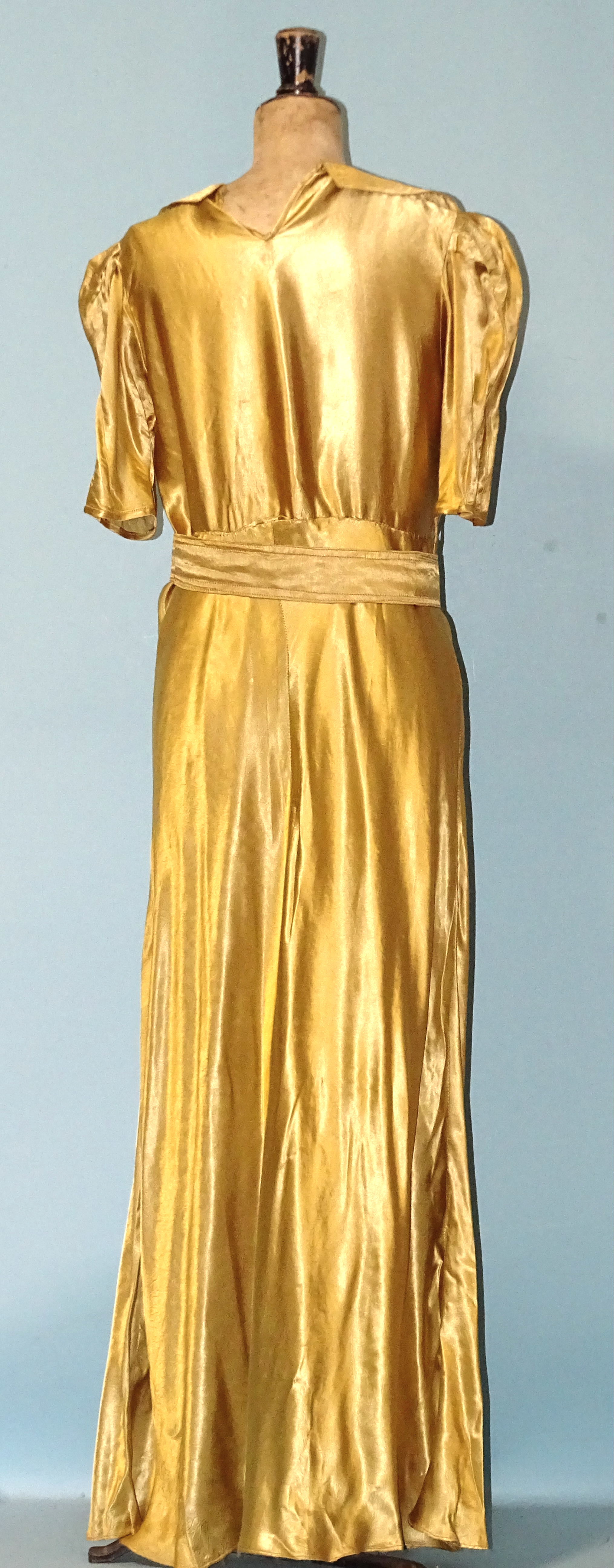 A 1930's professionally-made cream figured-satin full-length evening dress with ruched bust, bias- - Image 6 of 9