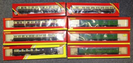 Hornby OO gauge, six various coaches: R4312, R4025A, R4008C, R4187 and R932 (x2) and two R4057A SR