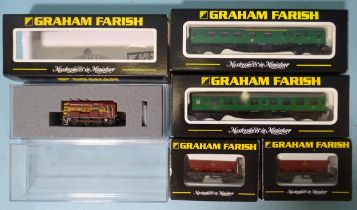 Graham Farish N gauge, 371-016 Class 08 Diesel Shunter 'EWS', (boxed with outer sleeve), two 374