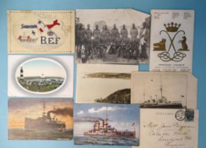 A WWI embroidered "Souvenir by BEF" card and approximately 78 other postcards, mainly topographic