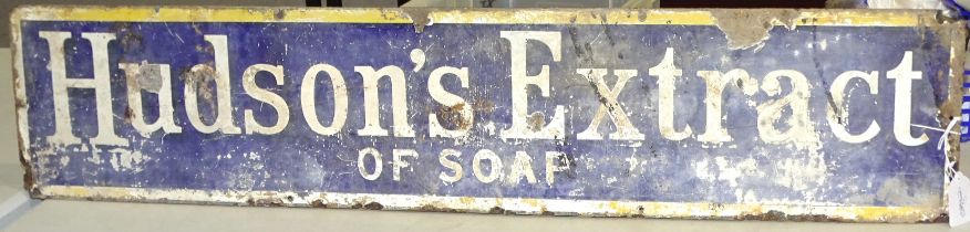 A vintage enamel rectangular sign "Hudson's Extract of Soap", white lettering on blue ground, with