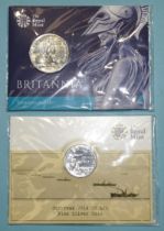 A Royal Mint 2015 Britannia BU silver £50 coin and a 2014 'Outbreak of WWI' BU silver £20 coin, (