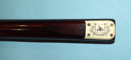 A collection of three snooker cues: 'The Cannon Match Cue', 58'' 17oz, 'Willie Smith Record Cue',