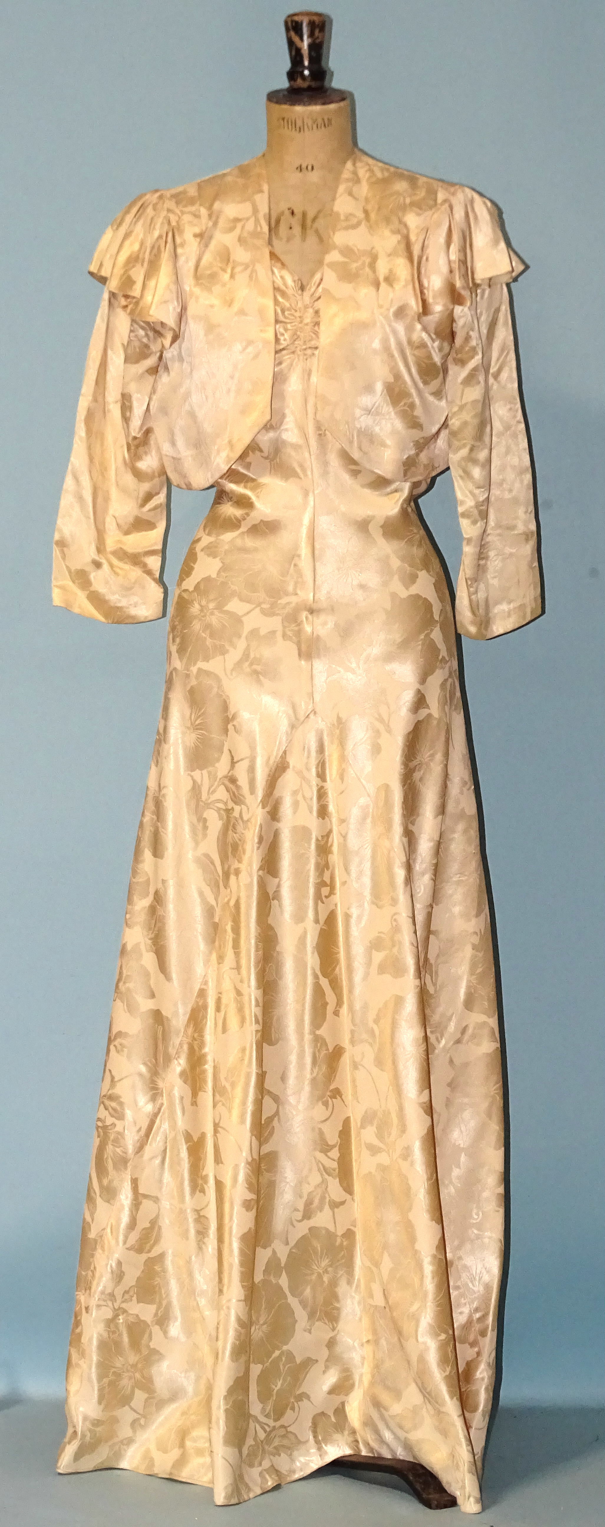 A 1930's professionally-made cream figured-satin full-length evening dress with ruched bust, bias- - Image 3 of 9