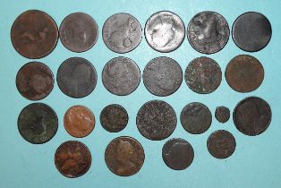 A Charles II (1660-1685) copper farthing, (date rubbed) and an Irish halfpenny 168?, a George III (