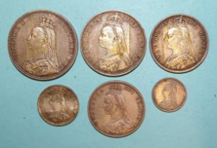Queen Victoria (1837-1901), a crown, a double-florin, two half-crowns, a shilling and a sixpence, (