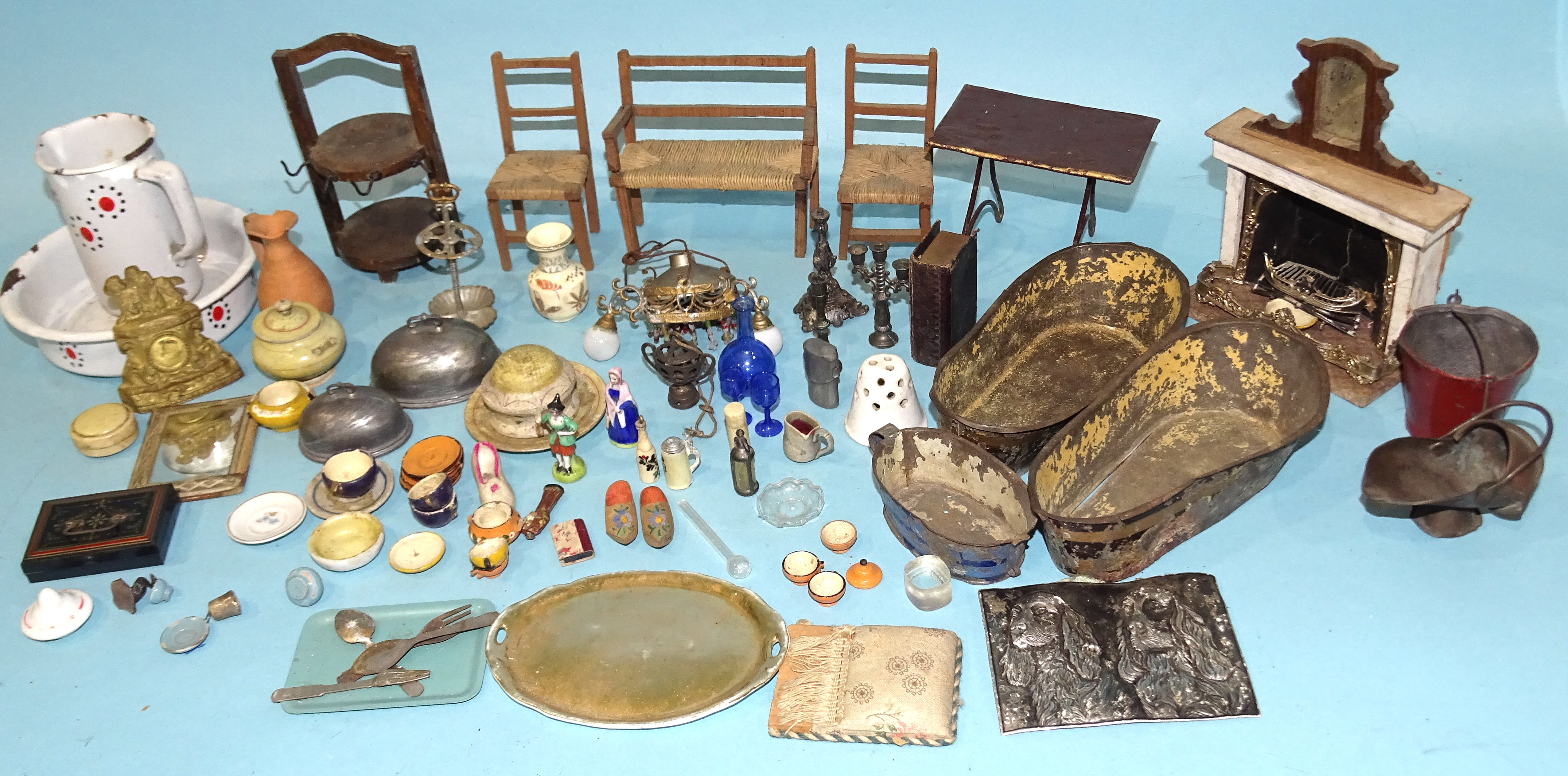 A quantity of mainly Edwardian doll's house furniture and accessories, including: three rush-