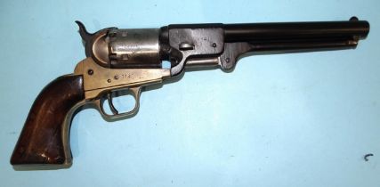 A brass and metal replica Colt revolver stamped 1840, 19cm barrel, 34cm overall.