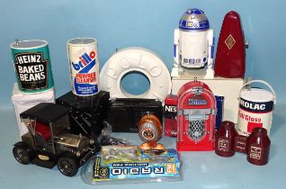 A novelty radio in the form of a vintage car, eight other novelty radios and other items.