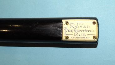 A collection of three snooker cues: 'The Royal Presentation Cue', 57'' 19oz, 'The Joe Davis 147'