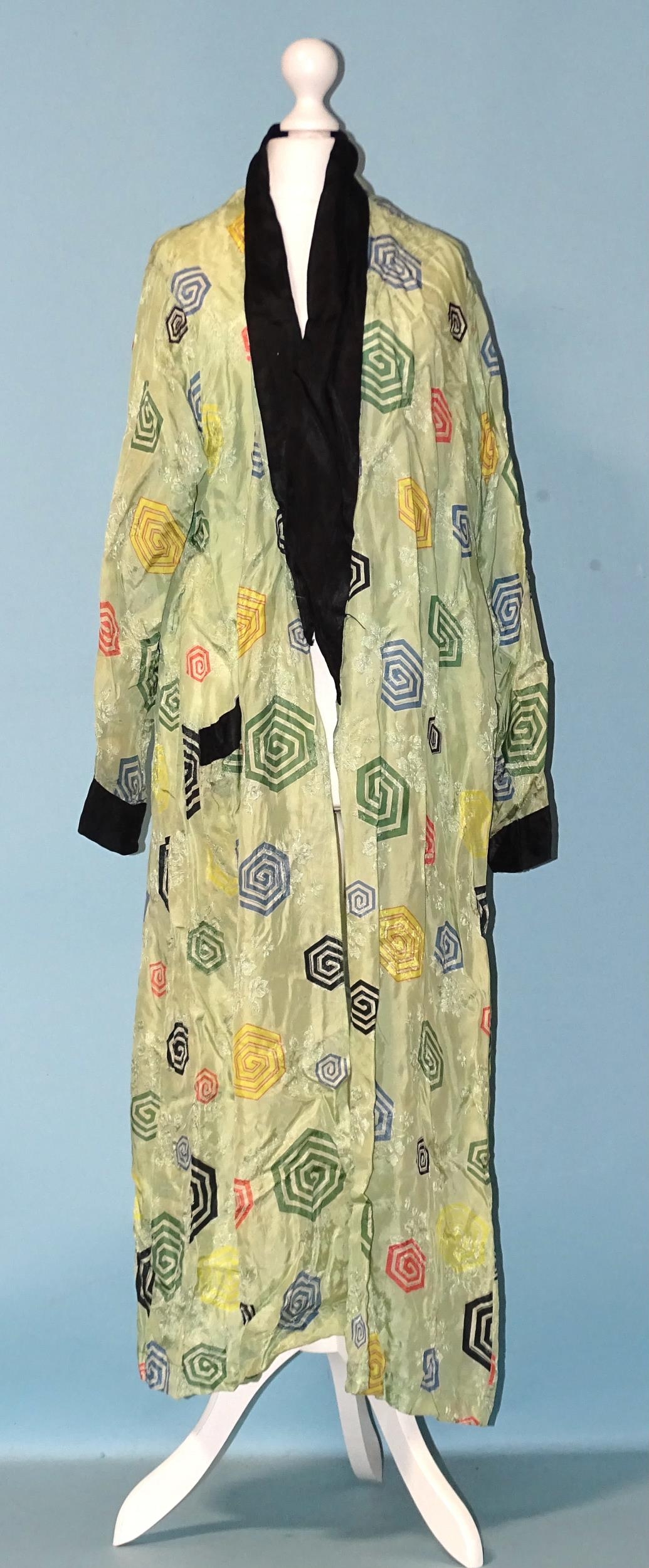 A Chinese embroidered black silk jacket, an embroidered silk gauze over-dress, three printed kimonos - Image 5 of 6