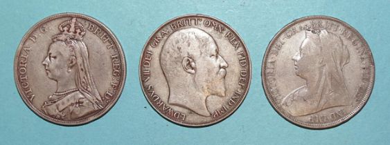 Queen Victoria (1837-1901), two crowns 1889 & 1897 and an Edward VII 1902 crown, (3).
