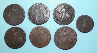 A William III (1694-1702) 1697 halfpenny, one other, (date rubbed), three George II (1727-1760)