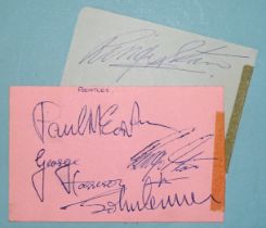 The Beatles, a set of four autographs on a pink autograph album page, signed in blue ballpoint pen