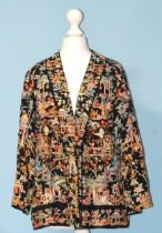 A Chinese embroidered black silk jacket, an embroidered silk gauze over-dress, three printed kimonos