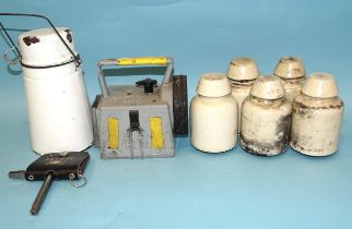Five GWR telegraph pole ceramic insulators, one other, a BR carriage door key, a BR torch and an