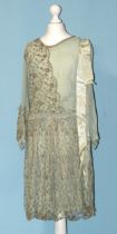 A 1930's pale blue chiffon and embroidered net cocktail dress, a modern beaded dress and other