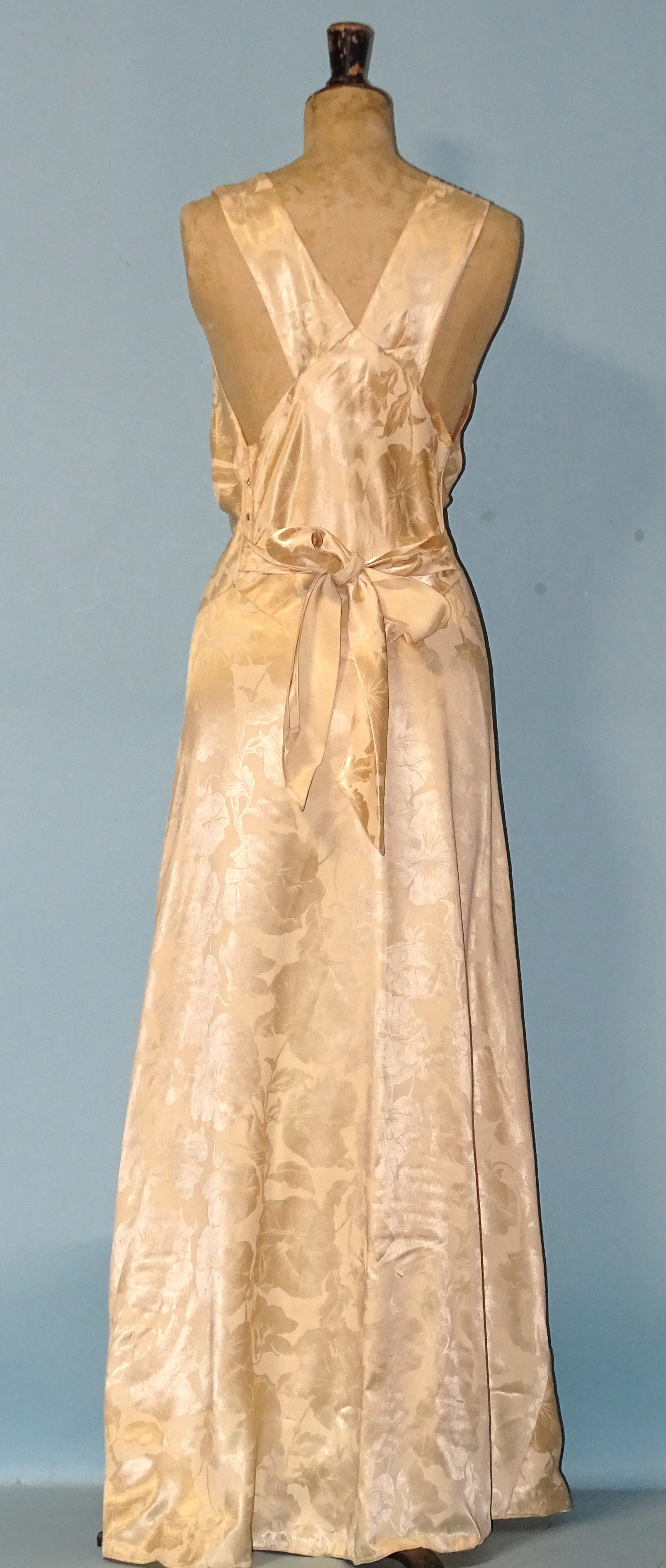 A 1930's professionally-made cream figured-satin full-length evening dress with ruched bust, bias- - Image 2 of 9