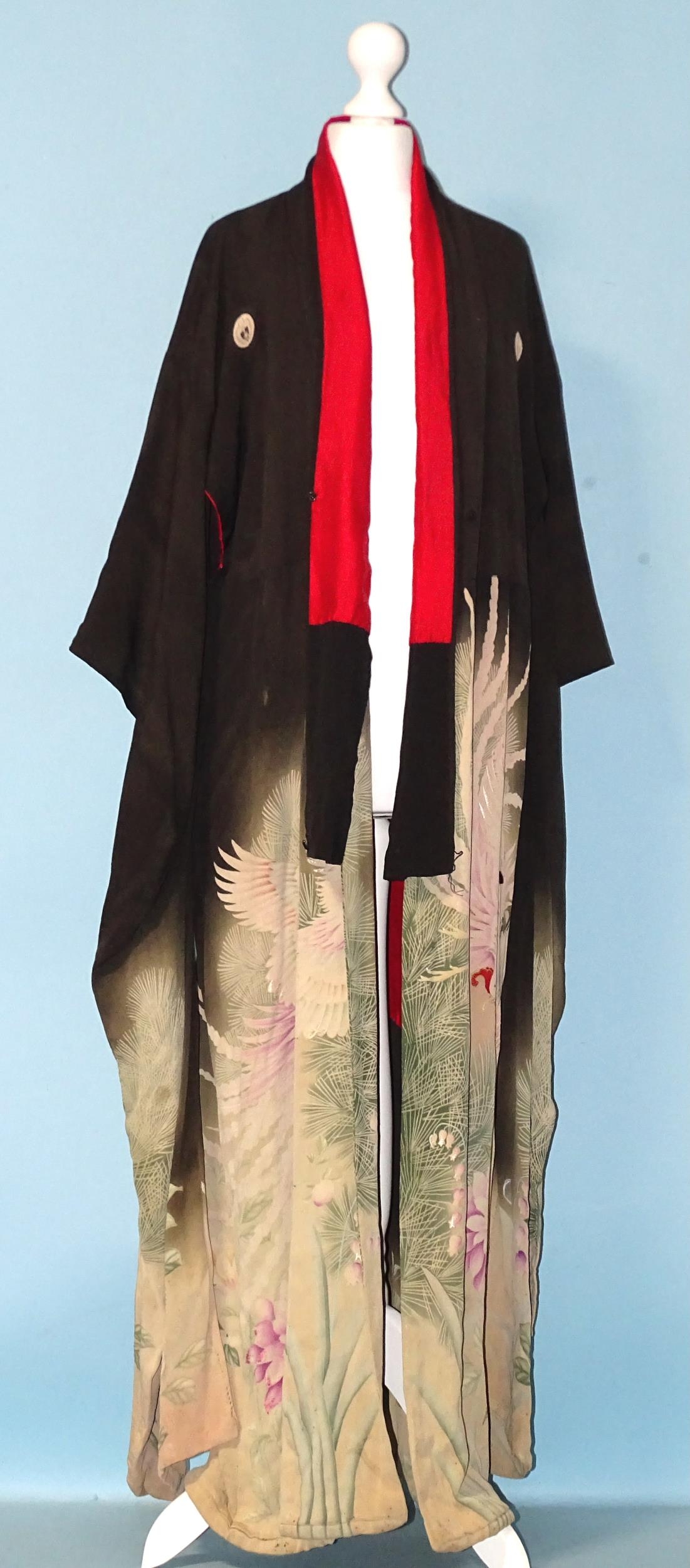 A Chinese embroidered black silk jacket, an embroidered silk gauze over-dress, three printed kimonos - Image 4 of 6