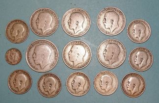 A collection of British pre-1919 silver coins, comprising half-crowns (x9), florins (x5),
