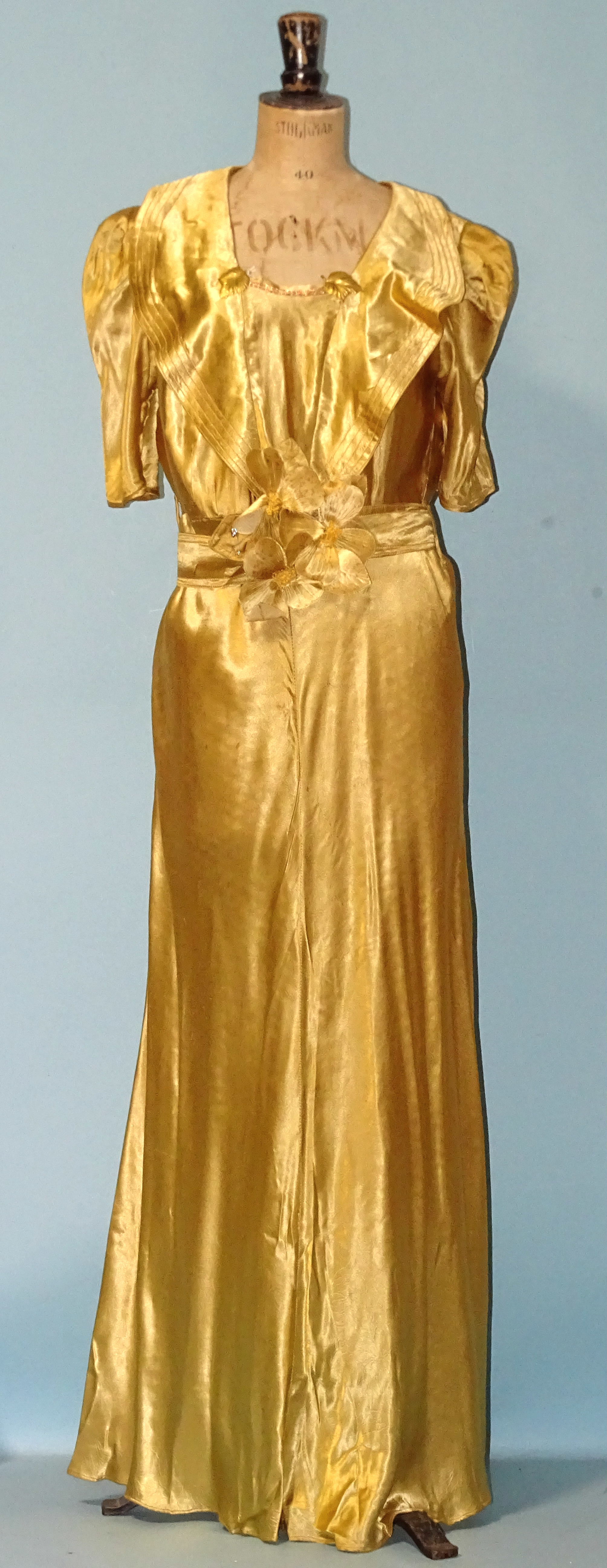 A 1930's professionally-made cream figured-satin full-length evening dress with ruched bust, bias- - Image 5 of 9