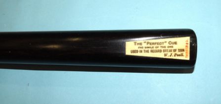 A collection of three snooker cues: 'The Perfect Cue - Peall' 58'', 'Joe Davis 147', 58'' 16oz,