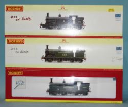 Hornby OO gauge, three Class M7 0-4-4 tank locomotives: R3129 RN249, R2503 RN357 and R2504