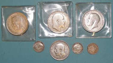 Edward VII, a 1902 half-crown, George V, two half-crowns 1915 and 1917, a florin 1916 and three