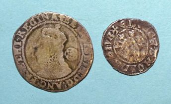 An Edward I (1272-1307) hammered silver penny and a Queen Elizabeth I (1558-1603) 1581 sixpence, (