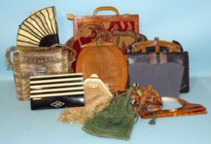 A lizard skin handbag, a vintage black and cream plastic evening purse and other handbags, (11).