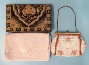 A small French beaded and embroidered evening bag with enamelled gilt frame, a two-sided silver/gold
