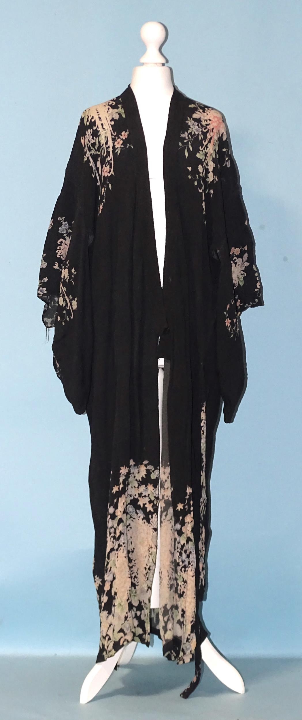 A Chinese embroidered black silk jacket, an embroidered silk gauze over-dress, three printed kimonos - Image 2 of 6